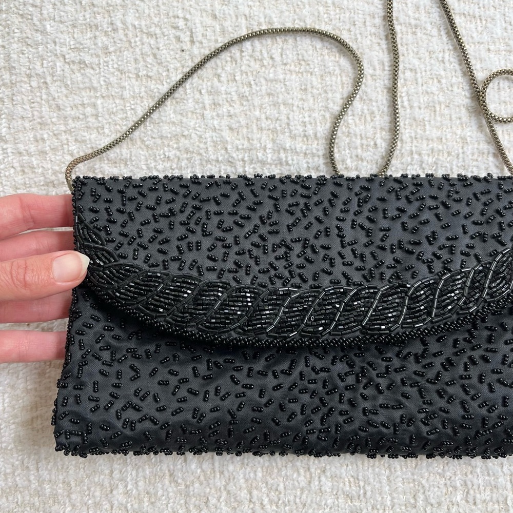 Vintage Express Black satin beaded Clutch Wristlet
